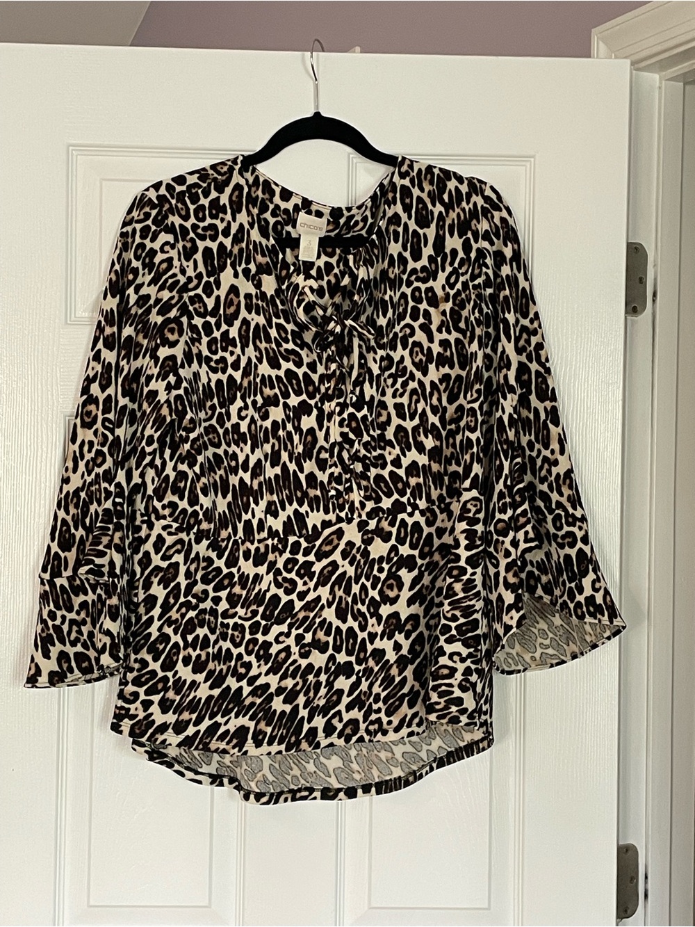 Chico's Leopard-Print Tie-Neck Blouse in Beige and Black